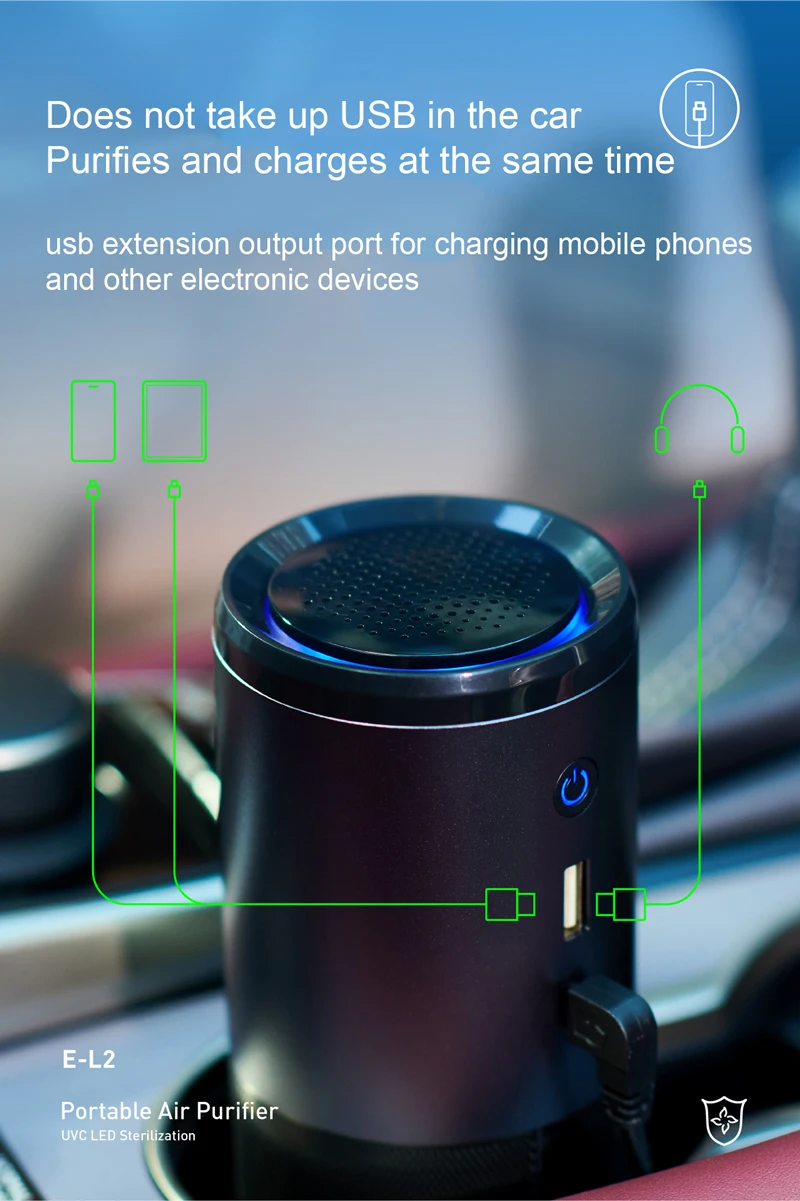 UVC Air Purifier H13 HEPA Filter Dual Cleaning Usb Output Car Air Cleaning Smoke Elimination Sterilization Smell Remove Alloy