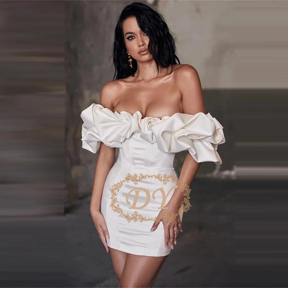 

DY Customized Short White Homecoming Dresses with Ruffles Satin Above Knee Length Zipper Back Party Cocktail Dress for Women
