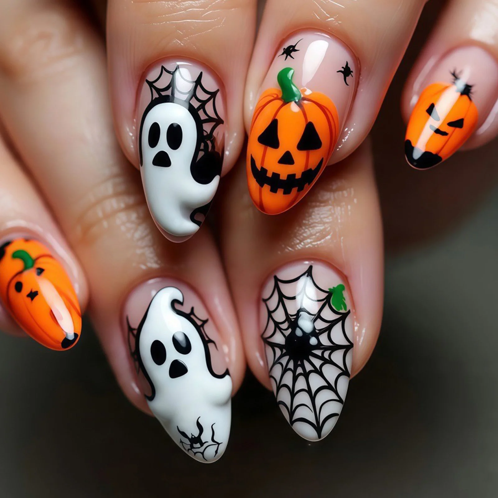 24pcs Halloween Press On Nails Ghost Pumpkin Spider-Web Bat Design Fake Nails For Women Girls Wearable False Nail Tips