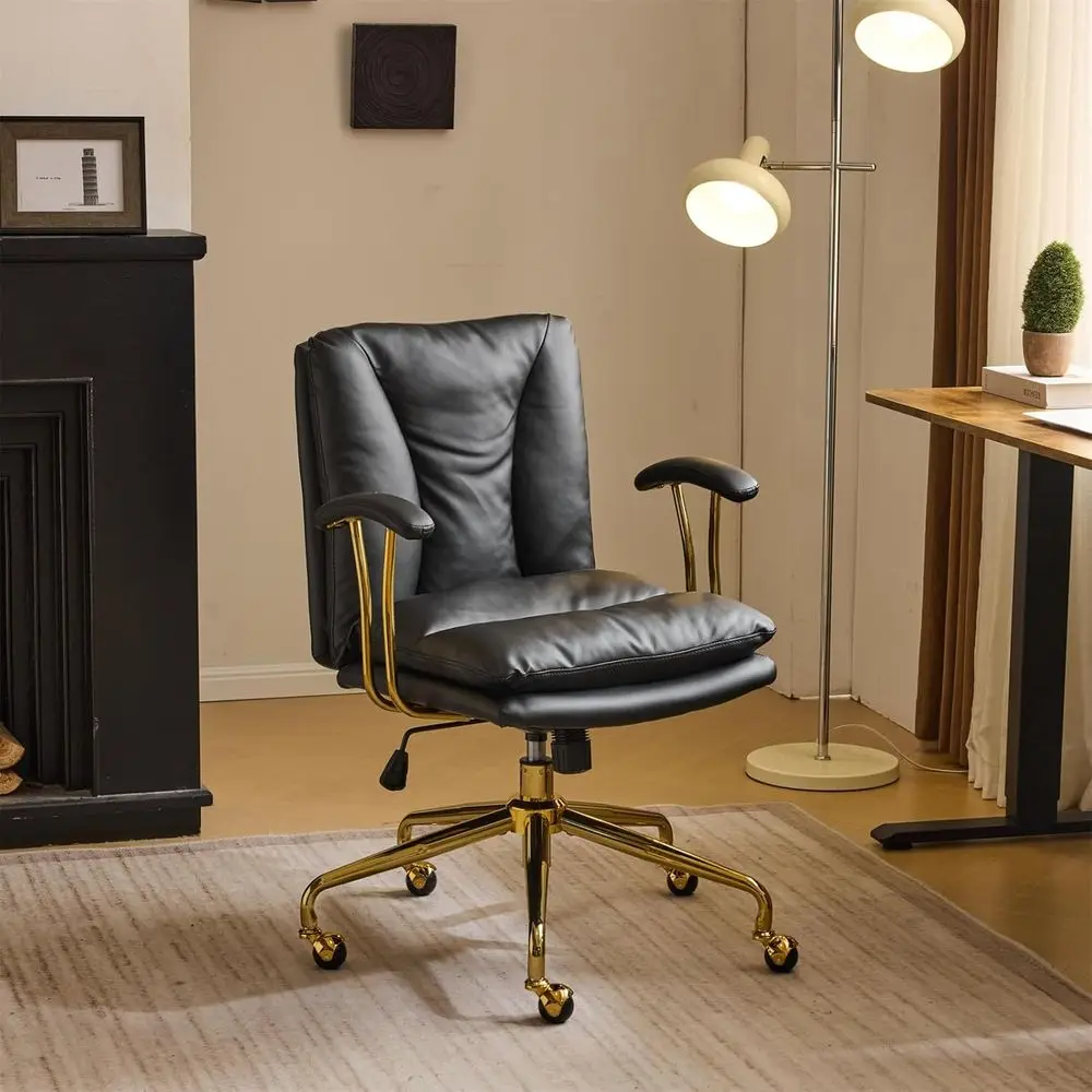 Home Oice Desk Chair Comy with Wheels & Removable Armrests,Gold Base Vanity Chair with Back, Adjustable Rolling Swivel Computer