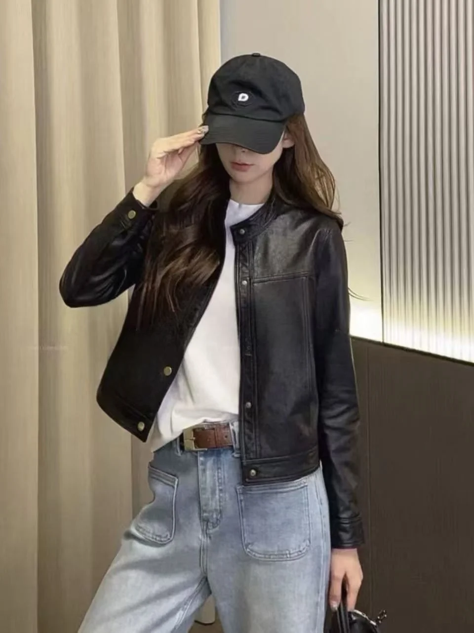 

Ning 2025 Spring Autumn Women's ort Motorcycle Sle Slim Fit Faionable Versatile eepskin Jaet Coat Trendy