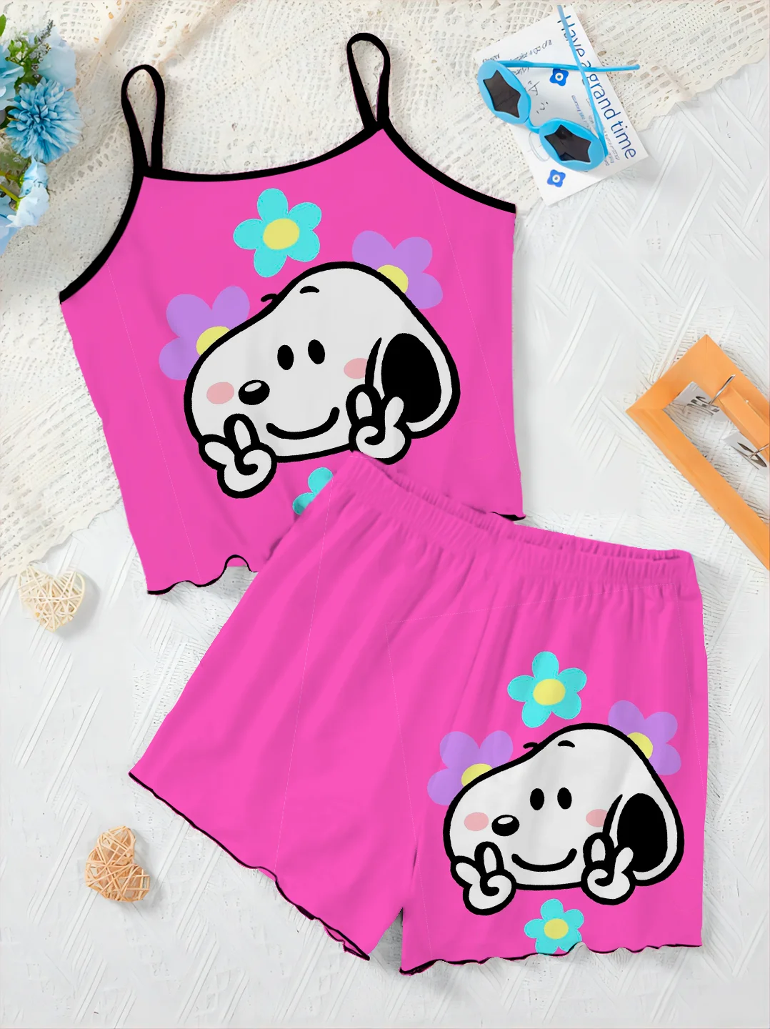 Women's Suit Two Piece Set Disney Lettuce Trim Short Sets Top Snoopy T-shirt Slip Dress Pieces Elegant Bottom Disney Home Dress