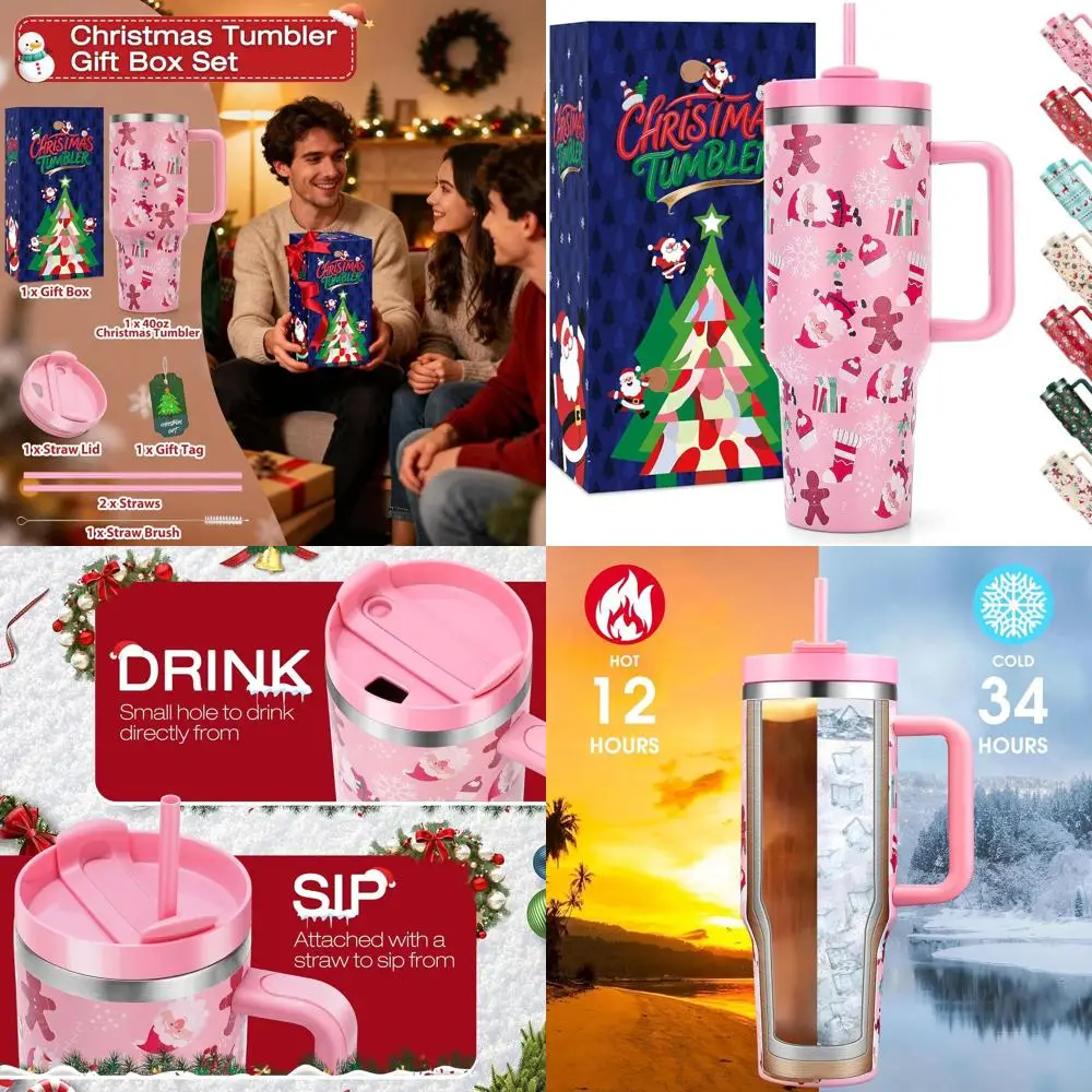 

Pink 40oz Insulated Stainless Steel Travel Mug with Handle, Straw Lid, and Christmas Santa & Gingerbread Man Design