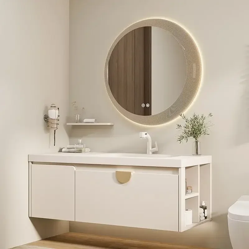 Solid Wood Simple Bathroom Cabinets Integrated Vanity Sink Makeup Mirror Nordic Bathroom Cabinet Washbasin Bathroom Furniture