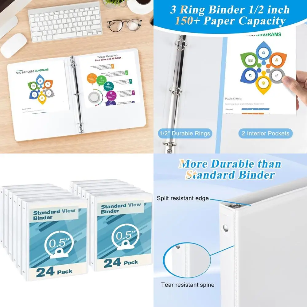 

Half-Inch 3-Ring Binders, Letter Size, White, 24 Pack, Durable for Letter-Sized Paper