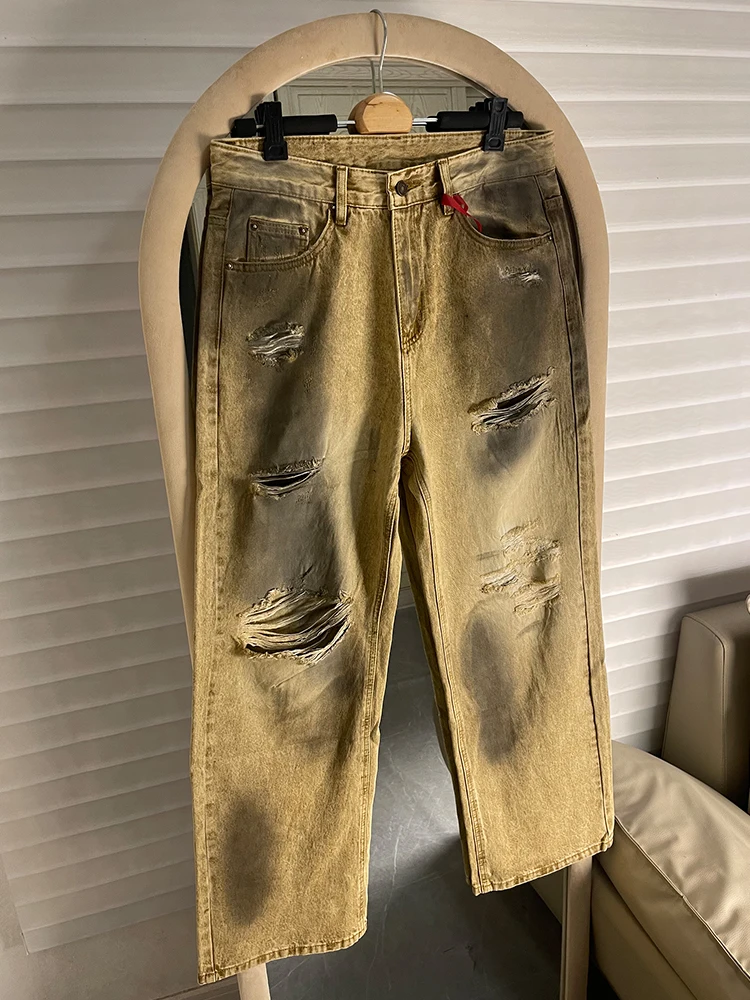 

Retro American Sle Men's Jeans Distred Ink Splatter Hole Straight Leg Loose Fit Long Pants Casual Wear Cotton Denim
