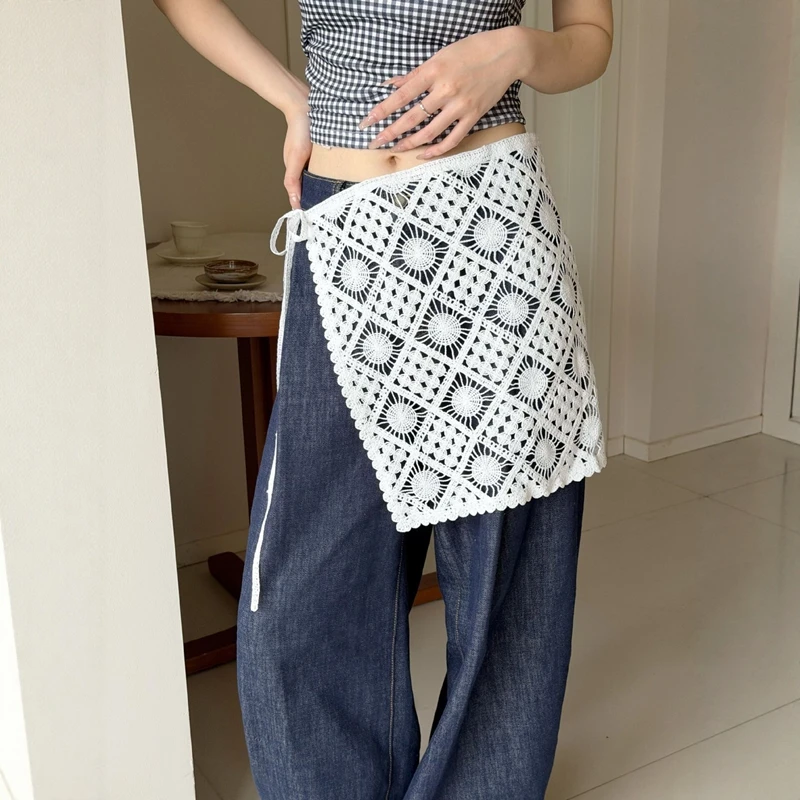 White Crochet Short Skirt Wrap Fashion Fart Curtain Hollow Out Waist Apron Hip Scarf Decorative Skirt Accessories
