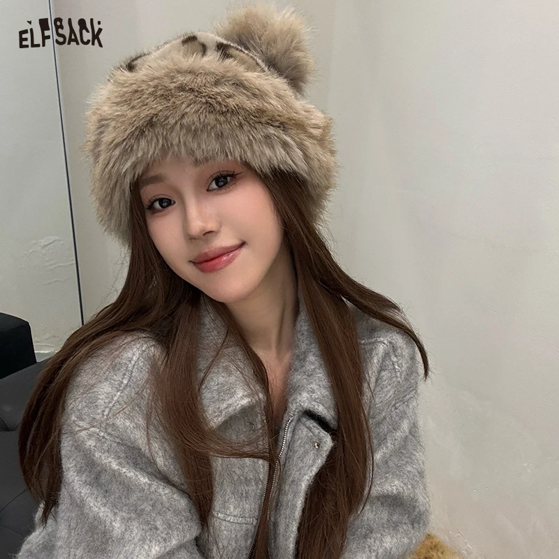 Elfsack 2025 صيف الوافدين الجدد ليوبارد طباعة آذان الدب أفخم سميكة قبعة تدفئة للنساء