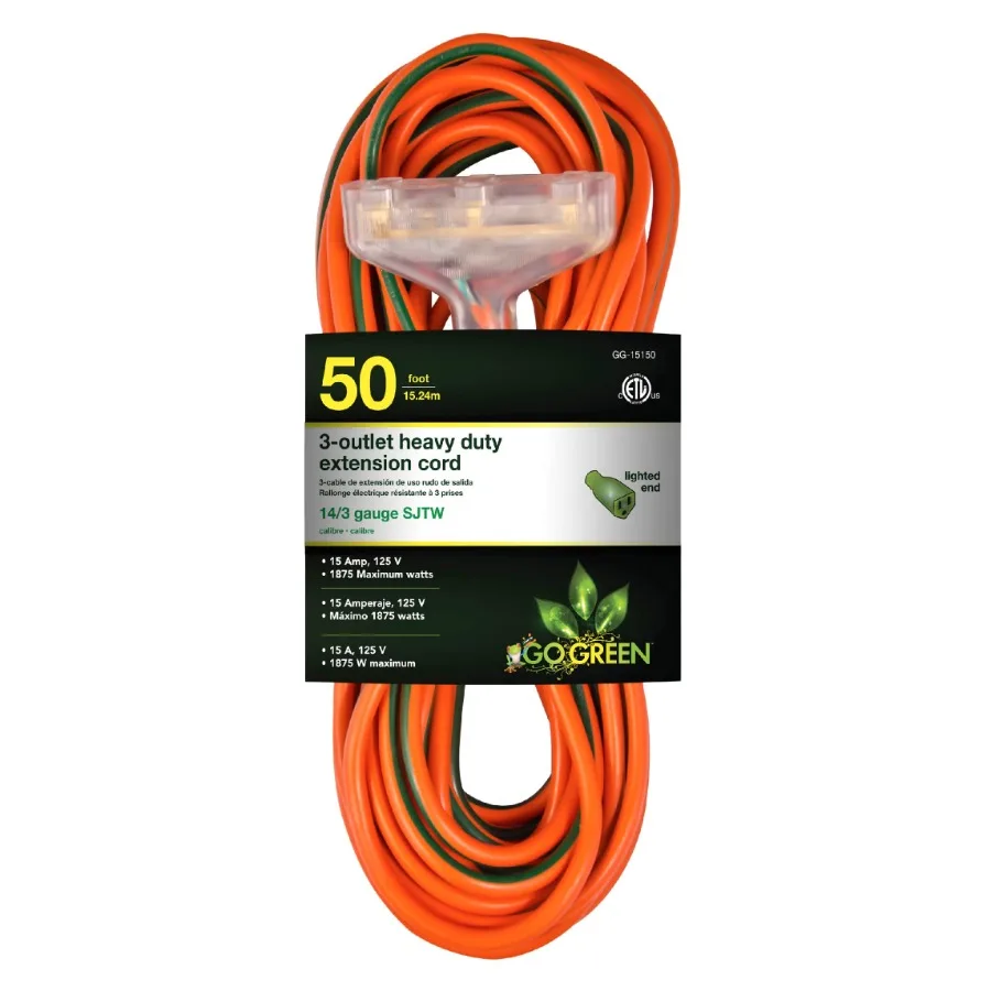 

14/3 Heavy Duty 50 ft SJTW 3-Outlet Extension Cord with Lighted End for Industrial and Outdoor Use Durable Construction with Mu