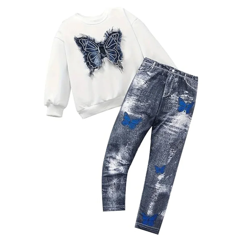 Little Hand Girls Long Sleeve Outfit Set Butterfly Applique Sweatshirt Denim Look Pants Casual 2Pcs Clothing Set Years for 5‑14