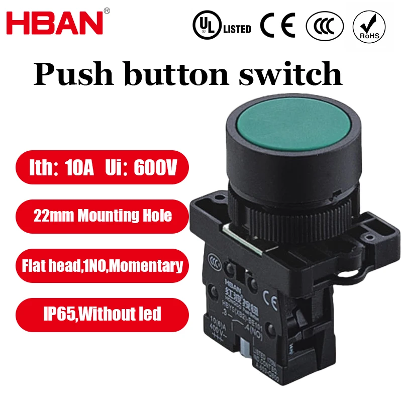 

HBAN 22mm 1NO Plastic Push Button Switch 10A 600V Momentary IP65 Waterproof Flat Head Manufacturer Industrial Controls