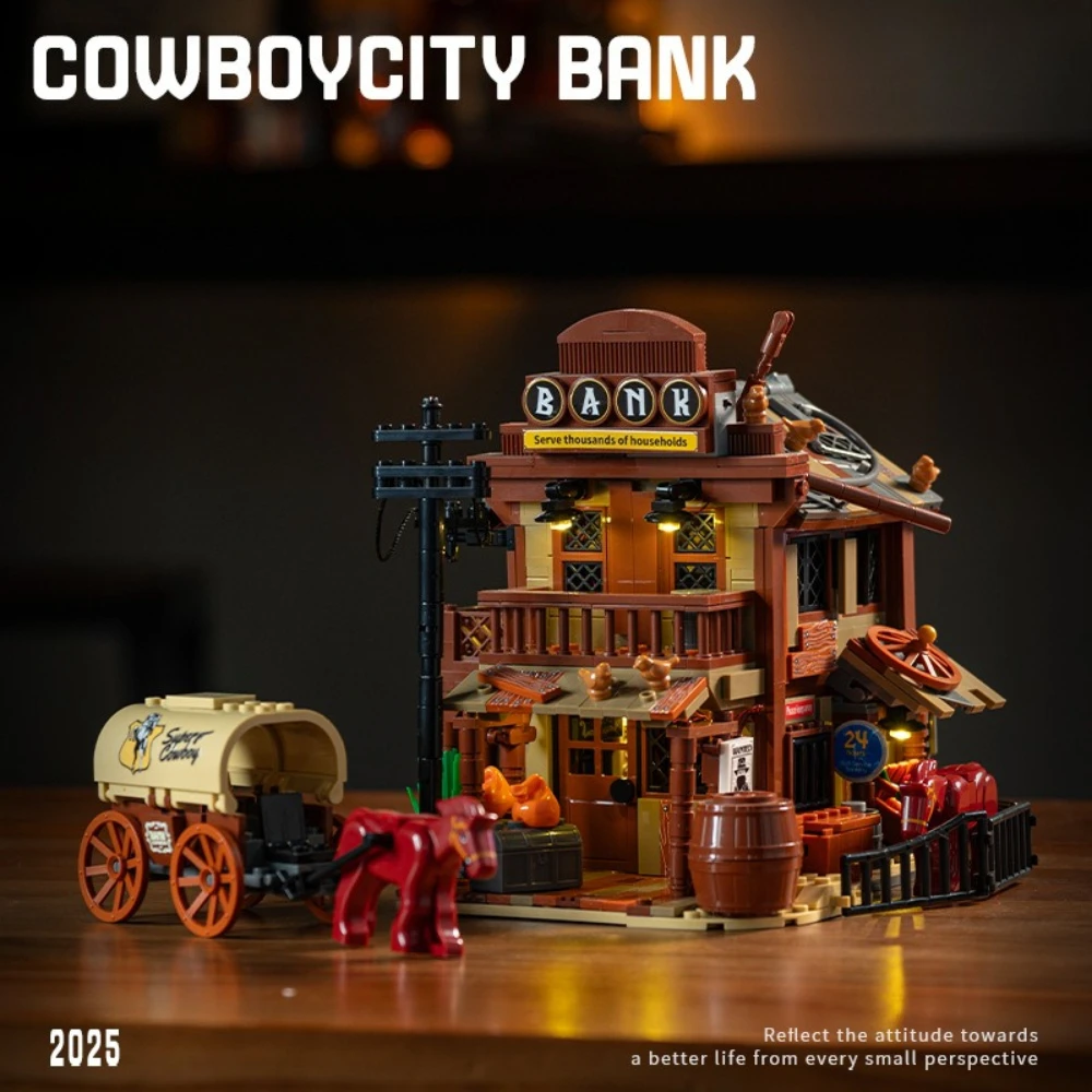 MOC الغربية كاوبوي تاون بنك اللبنات مجموعة الصحراء الغربية العمارة منزل الإضاءة فكرة لعب للأطفال هدايا عيد ميلاد