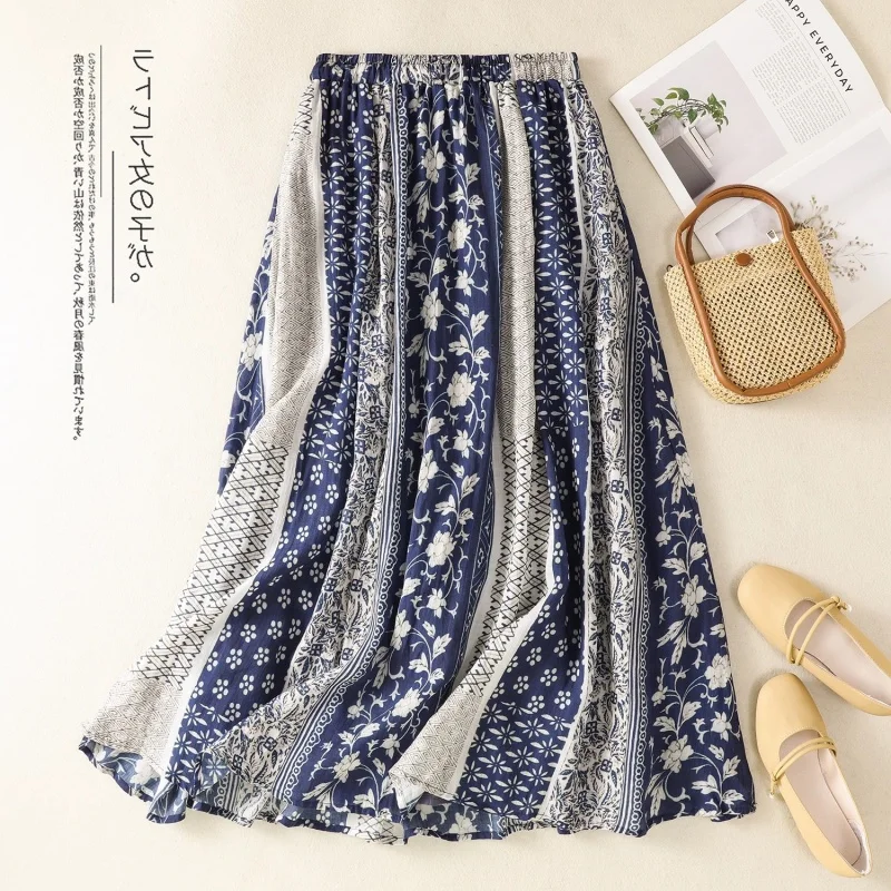 

Ethnic Style Ramie Print Color Blocked Skirt For Women In Summer Elastic Waist Elegant Travel Long Elegant A-Line Skirt W639