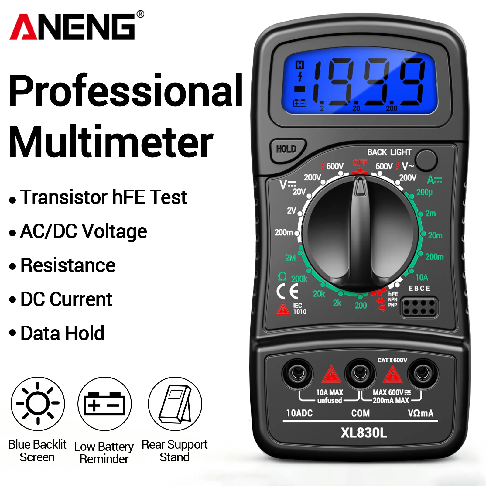 ANENG XL830L-1 Multimeter ABS Silicone 1999 Counts AC DC Volt Ohm Diode HFE Tester Backlight Beep Data Hold Low Power Reminder