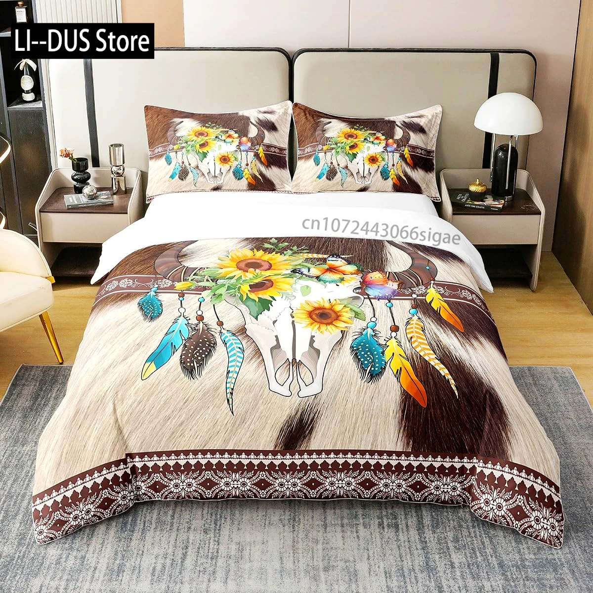 

Western Duvet Cover, Comforter Cover Boho Tribal Geometry Aztec Bedding Set Queen King, Bull Print Bed Sets with 2 Pillow Shams