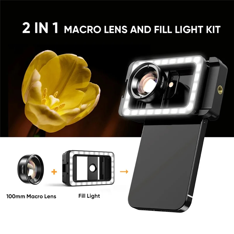 A32T-عدسة ماكرو جديدة 4K HD 100 مم مع ضوء ملء LED عدسات صغيرة بمشبك عالمي لهواتف iPhone جميع الهواتف الذكية