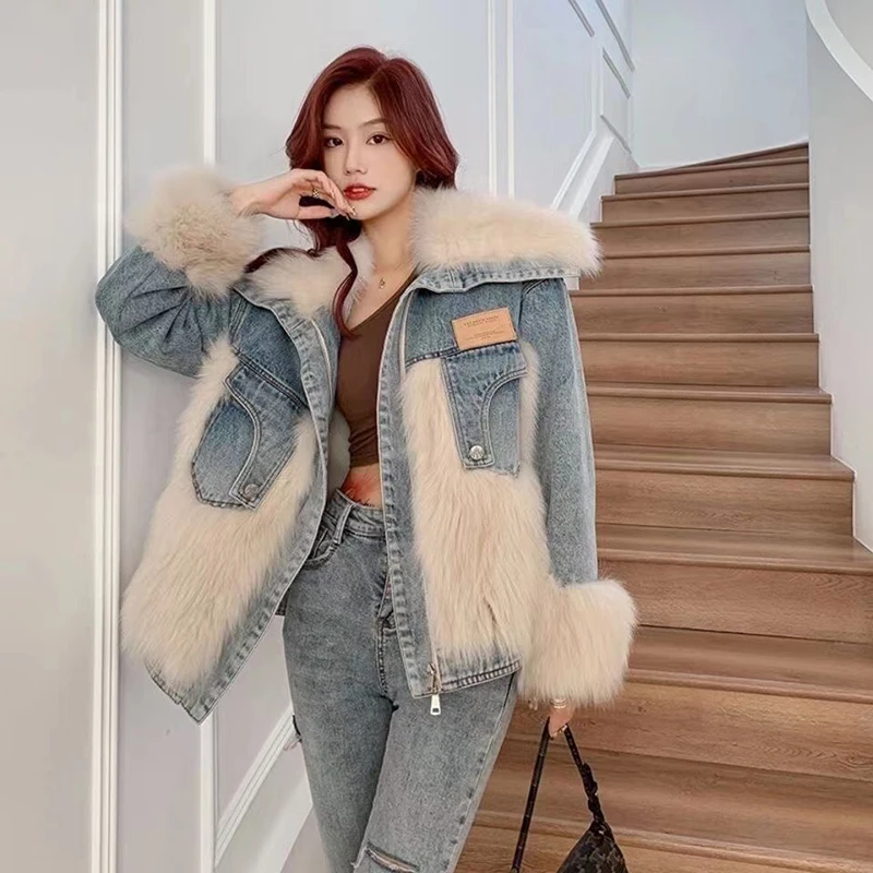 2024 Winter Warm Loose Denim Jacket Women Oversized Fur Collar Plus Velvet Padded Jacket Vintage Cotton Thick Warm Jean Outwear