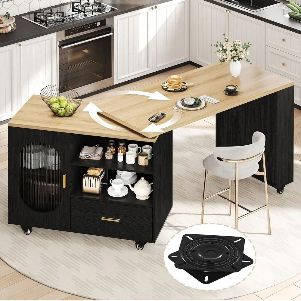 

360° Rotating Oak Kitchen Island with Storage, Seating, and Wheels