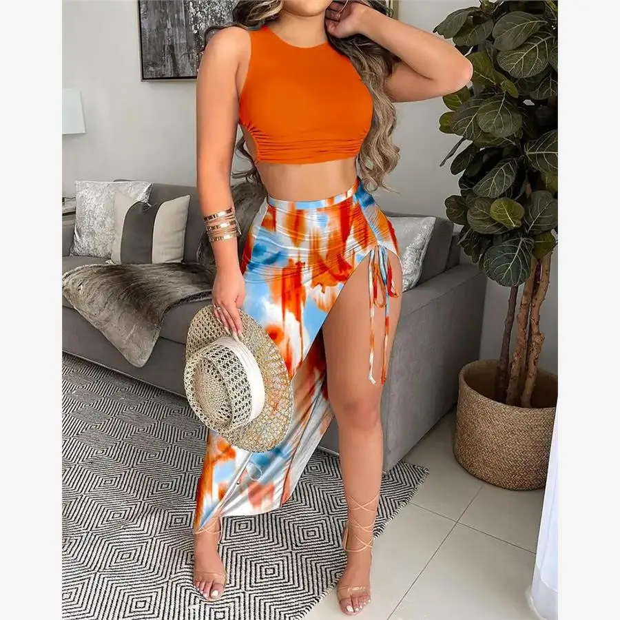 

Printed Crop Top And High Slit Skirt Set Fashionable Workwear Polyester Three-Piece Suit for Middle-Aged Women Summer Season