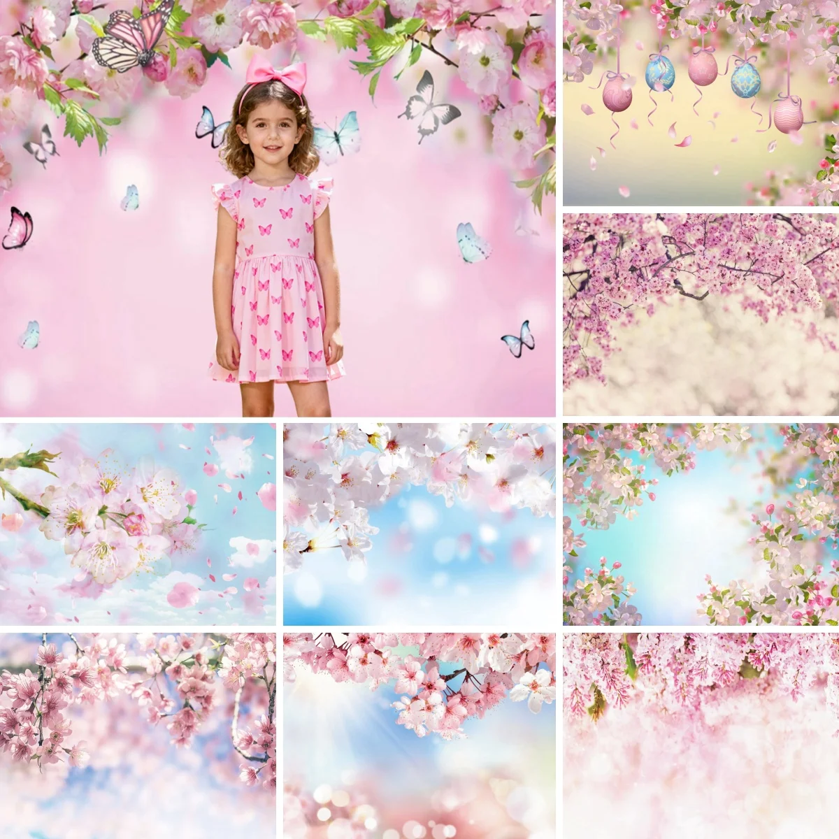 Spring Glitter Cherry Blossom Backdrops Polka Dots Bokeh Pink Flowers Kids Girls Portrait Bride Wedding Party Photo Background