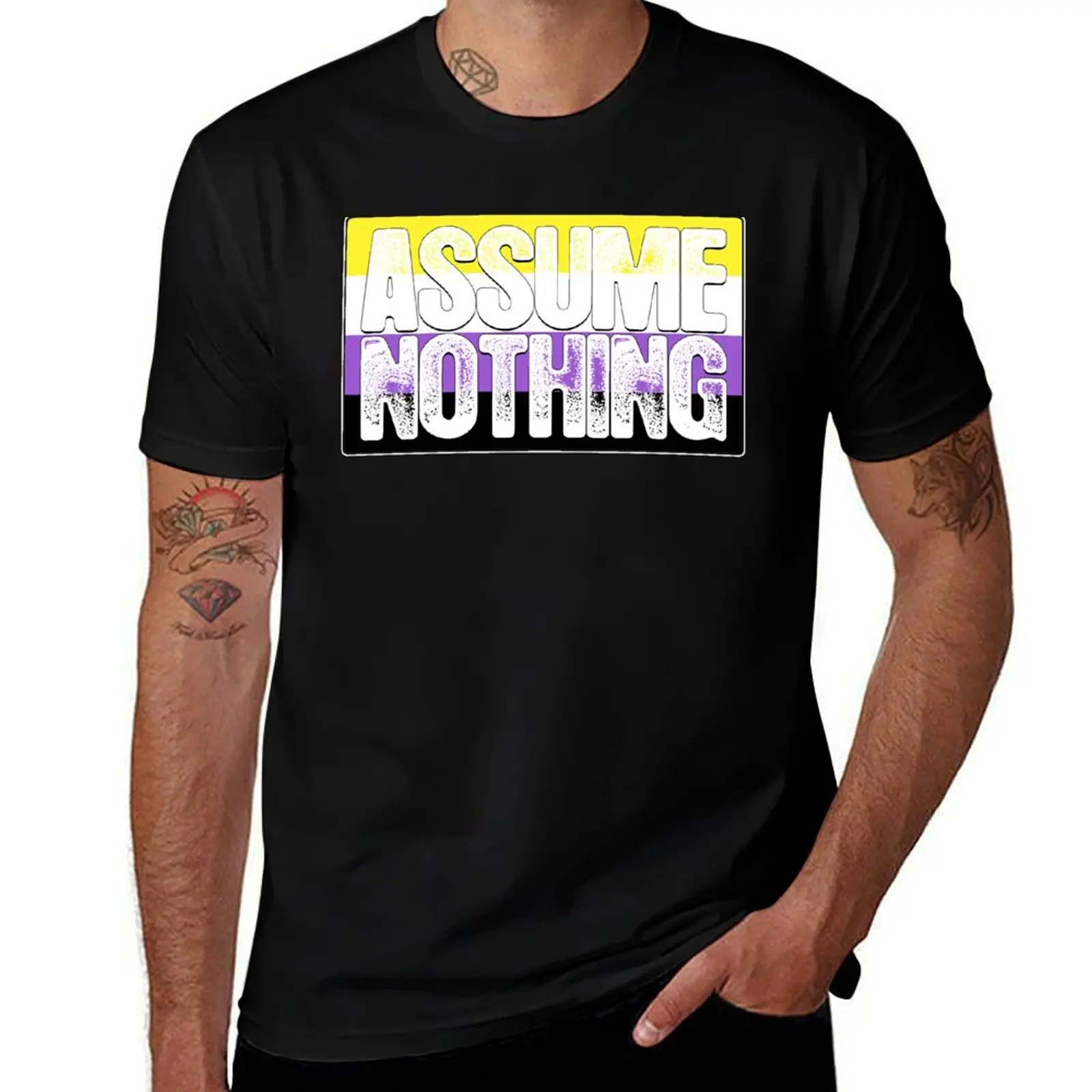 

Assume Nothing Non-Binary Pride Flag T-Shirt anime t shirts oversize cotton t shirt pack