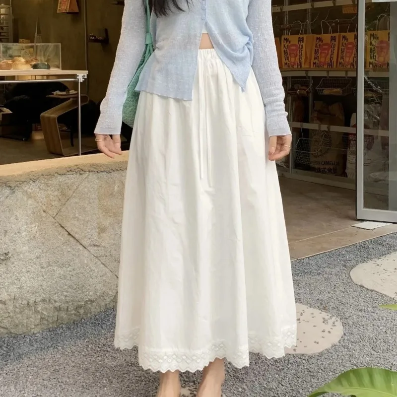 Women's Lace Trim Maxi Skirt, Elastic Waist Drawstring Flowy Long Skirt, Casual A-Line Summer Skirt In White and Light Blue