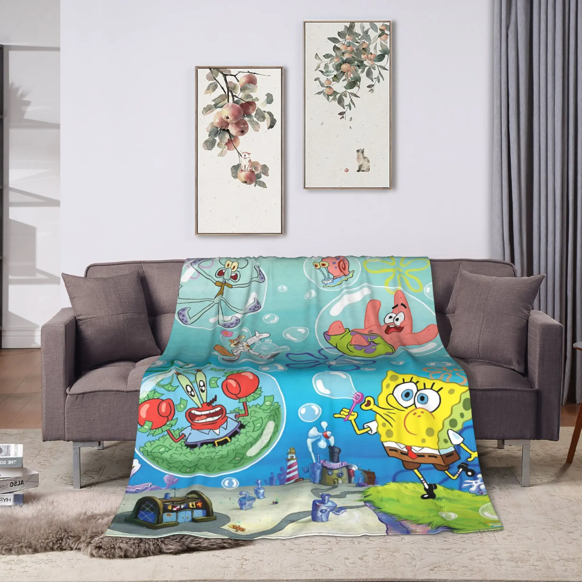 SpongeBobs Underwater Bubble Flannel Blankets Winter Warm Throw Blanket for Boy Girl Couch Bed Fluffy Bedspread Sofa Bed Cover