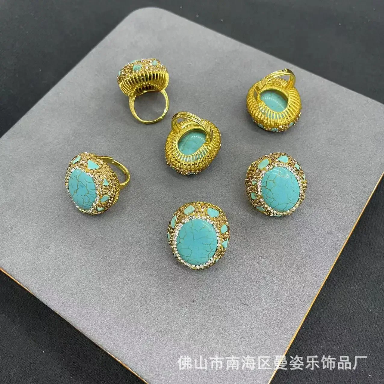 Factory direct sales turquoise ring inlaid with gravel 18K real gold color retention electroplating live ring accessories hot-se