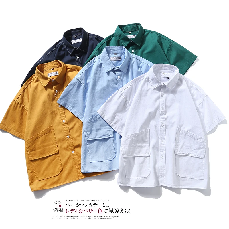 

Свободная рабочая одежда в стиле ретро, японский стиль, повседневный топ с коротким рукавом для пар, летняя молодежная мода, однотонный, с заостренным воротником