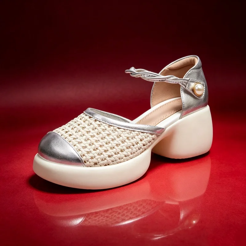 6cm Thick Bottom Cutout Hollow Genuine Leather Sandals Women Block Heel Shoes 2026 Office Ladies Thick Bottom Sandals Office Mom
