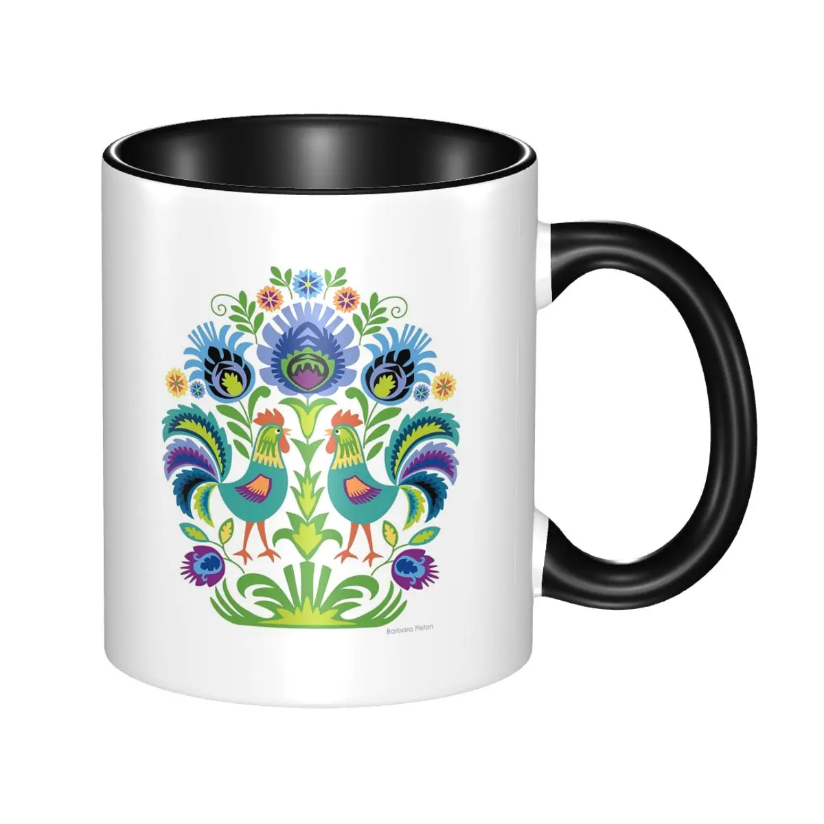 Polish Folk Flowers Design Two Roosters Mug Funny Ceramic Coffee Cups Tea Mugs Milk Cup Drinkware Gifts for Woman Man