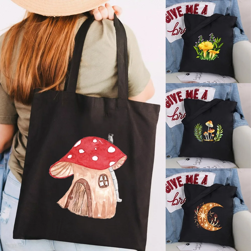 

Shopping Eco Handbag Women Canvas Shopper Shoulder Bags Fashion Organizer Tote Bag Commute Grocery Handbags Mushroom Print