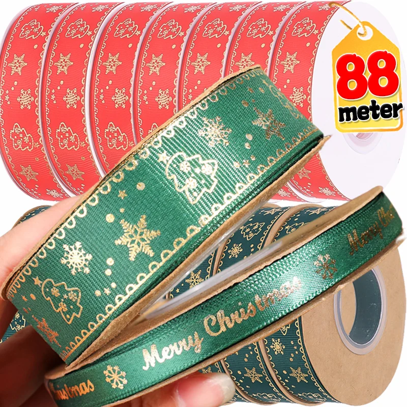 Christmas Ribbon Printed Red Green Polyester Ribbons Handmade Supplies for New Year Party DIY Gift Bag Box Packing Bouquet Decor