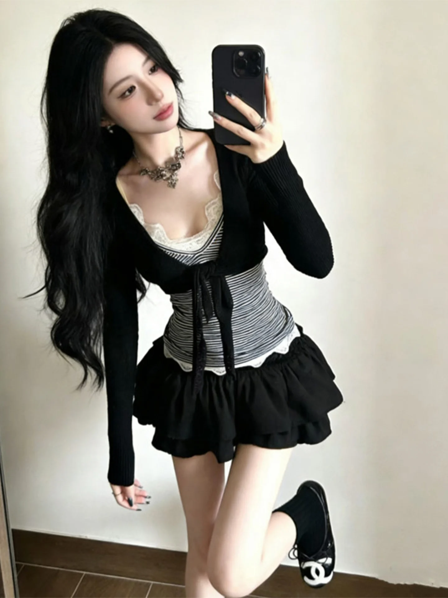 Sweet And Spicy Lace Patchwork Striped Strap Vest Women's Long Sleeve Belted Open Cardigan Cake Short Skirt Set Autumn Fashion