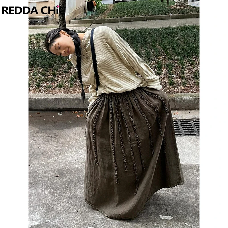 

ReddaChic Mori Girl Cotton Linen Skirt Vintage Patchwork Frilly Elastic Waist Loose Maxi Long Skirt Boho Summer Women Clothes