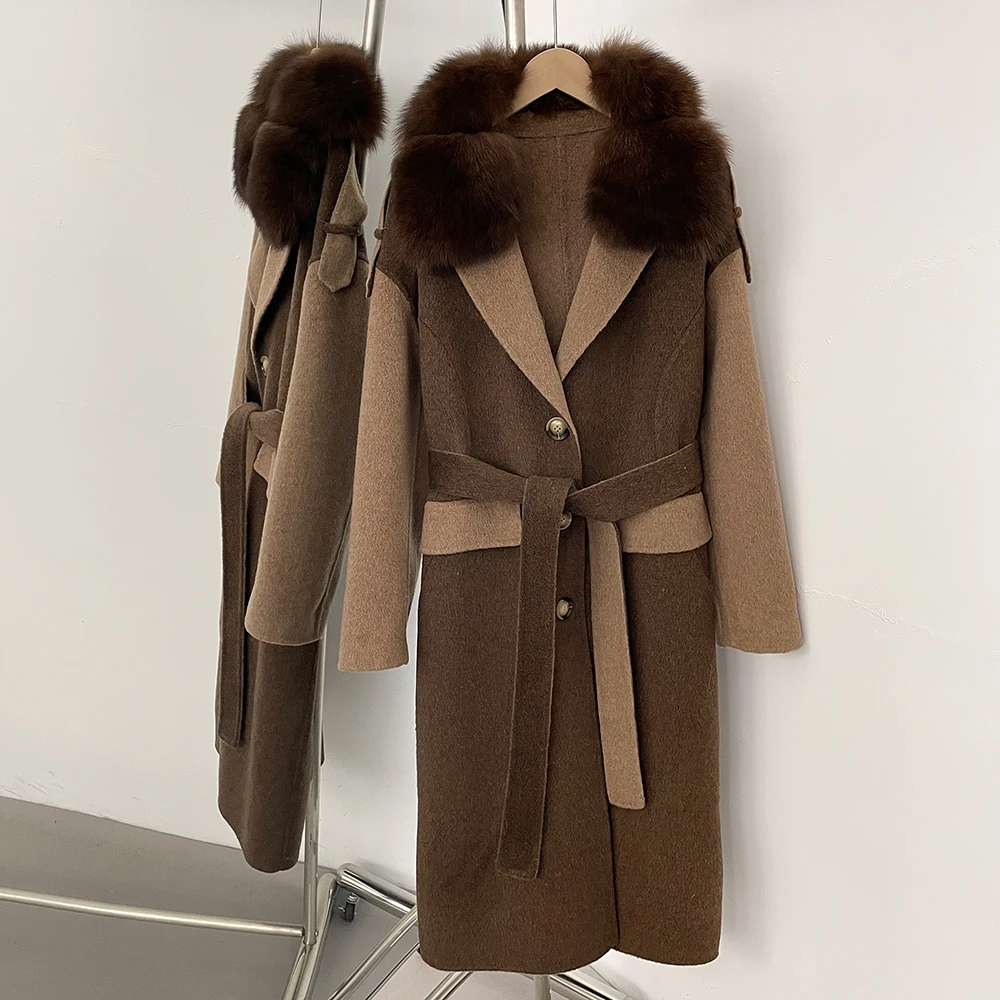 

CXFS New Autumn Winter Long Woolen Blends Coat Women 2025 Real Natural Fox Fur Female Fashion Cashmere Jackets Outerwear