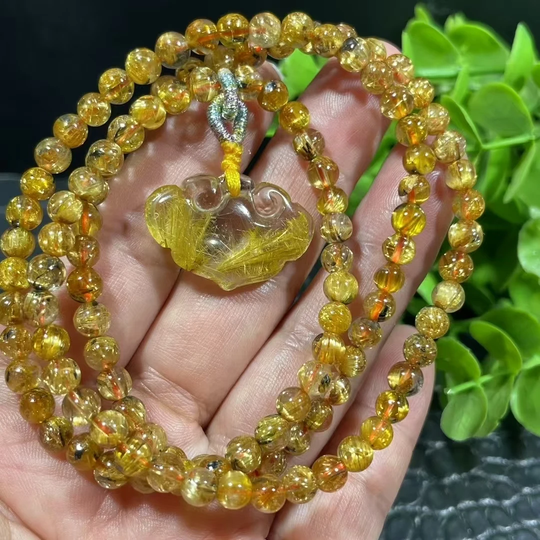 

Natural Gold Rutilated Quartz Titanium Bracelet Cat Eye 5.3mm 3 Laps Clear Round Wealthy Woman Men Beads Jewelry Brazil AAAAAAA