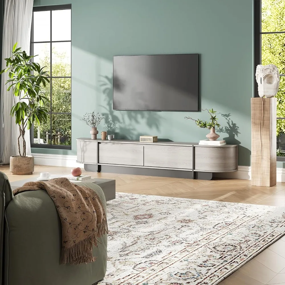 مركز ترفيه حديث كبير للتخزين لأجهزة التلفاز مقاس 55-85 بوصة، وحدة تحكم تلفزيون خشبية طويلة مع أدراج، تصميم منحني