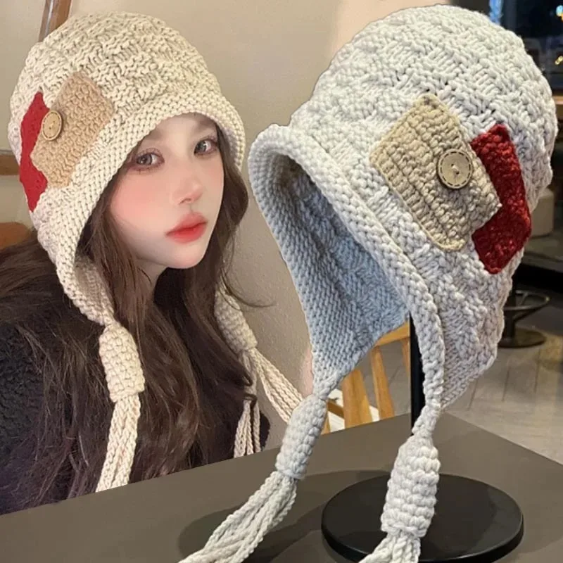 Women Winter Hat Warm Knit Beanie with Ear Flaps Hand Crocheted Tassel Retro Slouchy Cap for Outdoor Travel Photography for Gift
