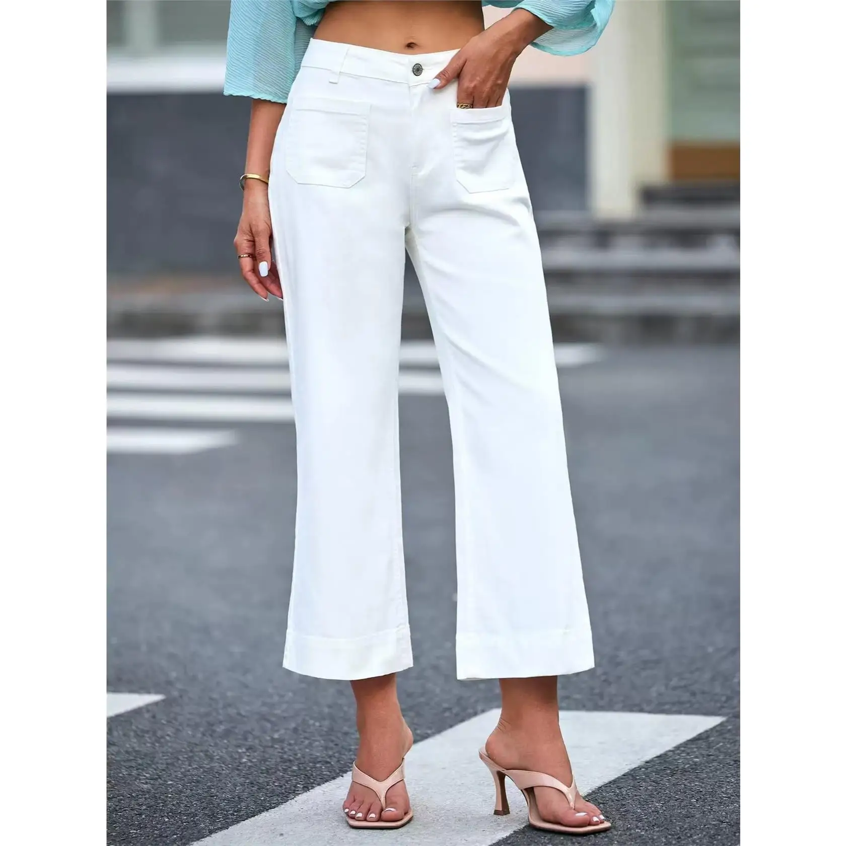 Slimming Straight Leg Jeans Washed Denim High Waist Cotton Blend Teen Girls Fashionable Nine-Piece Loose Fit Cross-Border