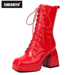 SIMLOVEYO Damskie buty motocyklowe na obcasie 9 cm Platforma 2 cm Sznurowane Rozmiar 47 48 Błyszczące codzienne kobiety do połowy łydki Bota