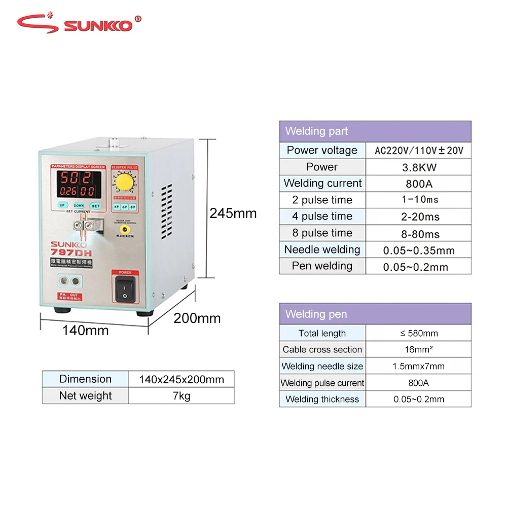 Sunkko 797dh soldador de ponto 3.8kw bateria de alta potência máquina de solda a ponto para 18650 baterias soldadores de ponto de pulso de precisão de solda