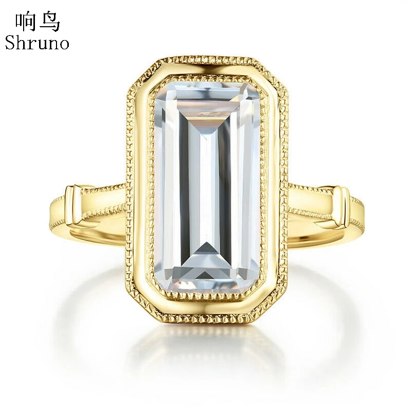 Shruno Solid 14k 10K Yellow Gold Emerald cut 12x6mm AAA Graded Cubic Zirconia Vintage Style Fine Jewelry Engagement Ring Setting