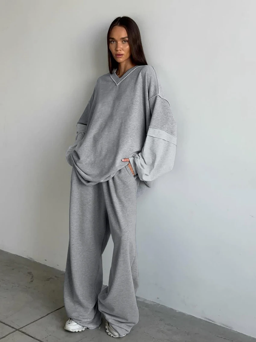 

Marthaqiqi Loose Winter Ladies Nightgown 2 Piece Suit Long Sleeve Nightwear Sexy V-Neck Sleepwear Pants Casual Female Pajama Set