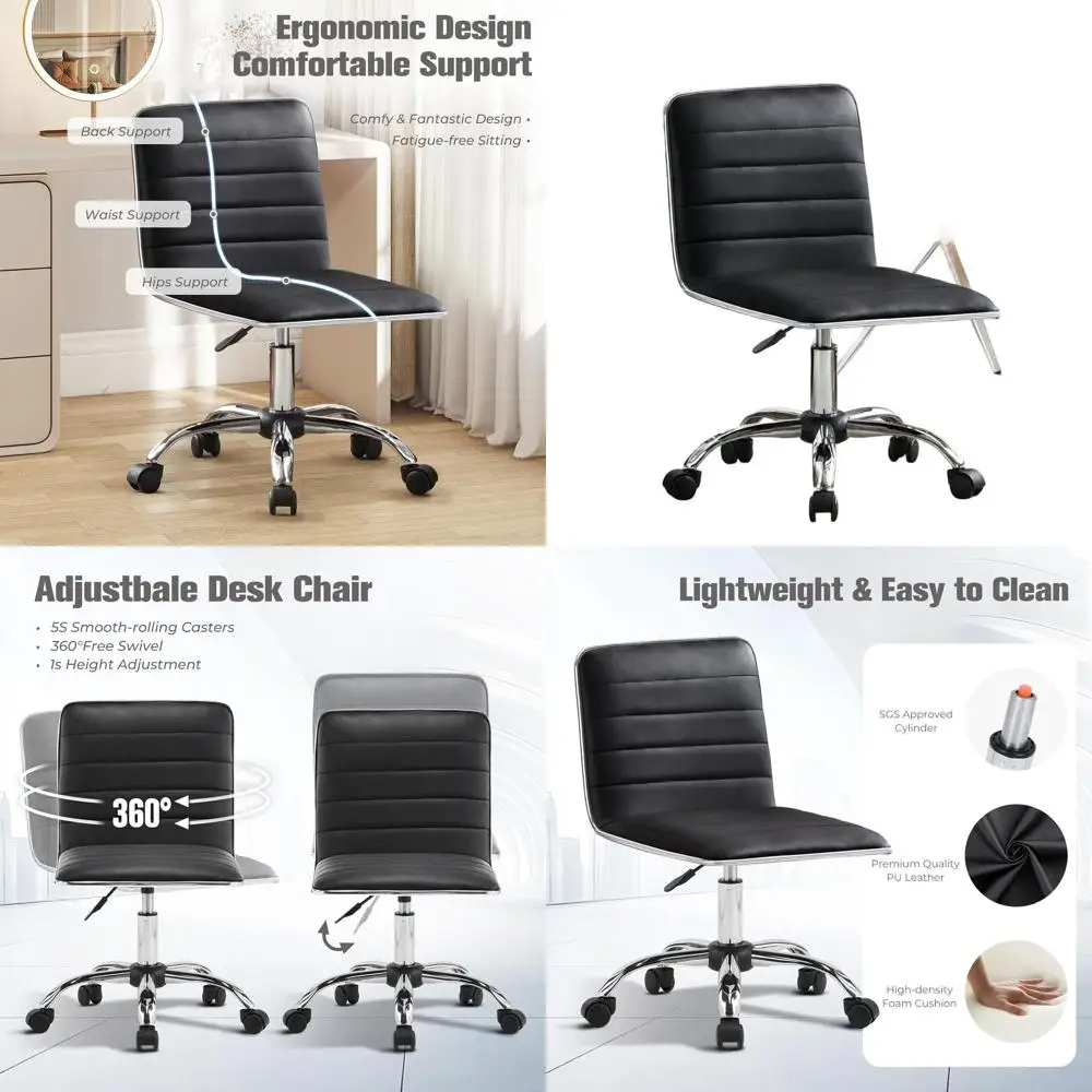 

Вращающееся кресло со средней спинкой из искусственной кожи на колесиках для небольших помещений, регулируемое по высоте, без подлокотников, подходит для подростков и взрослых, черное