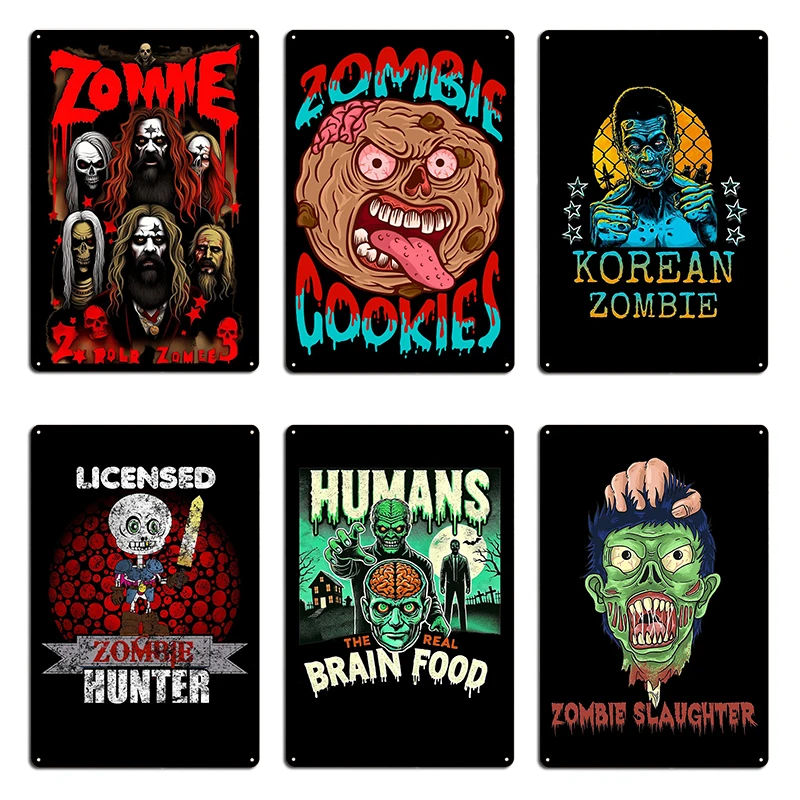 شعار زومبي مرخص زومبي هنتر الهيكل العظمي علامات معدنية للهالوين صدئ جدار ديكور بار تصاميم جدار جدارية تين تسجيل ملصق