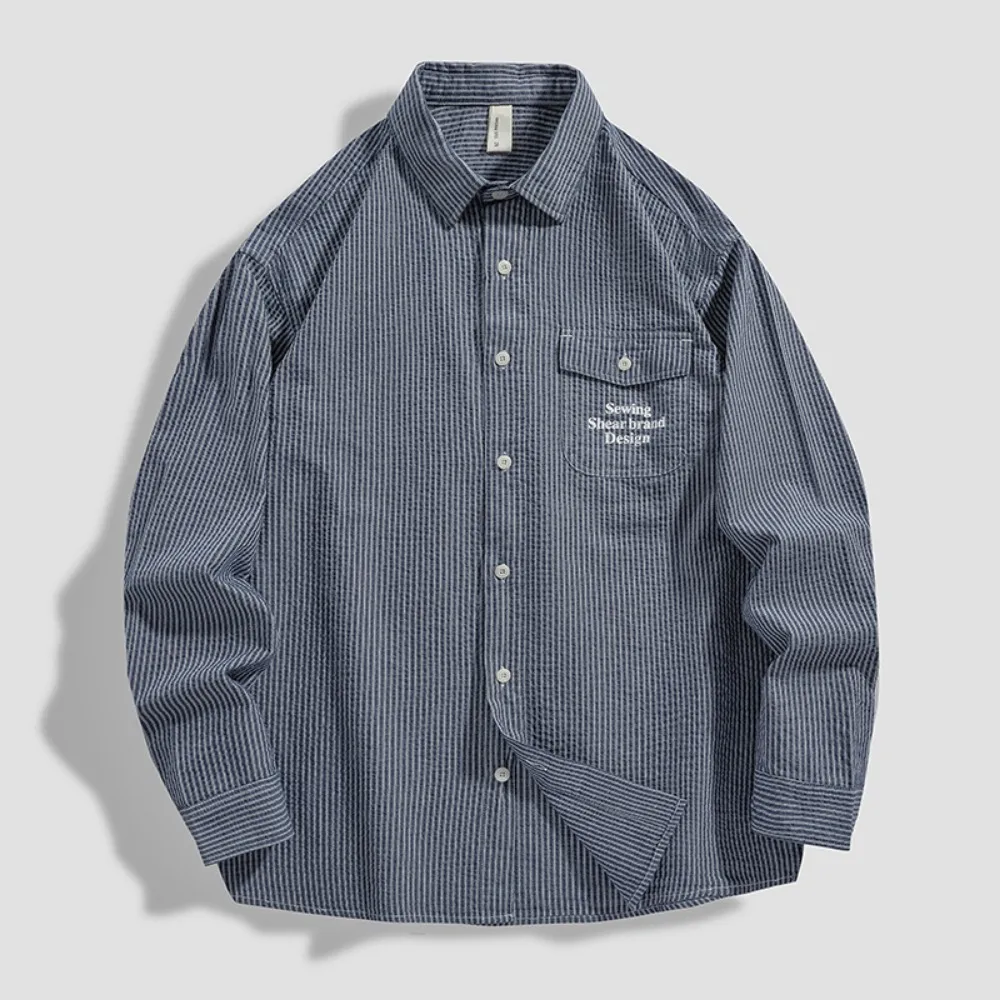 New autumn puff long-sleeved striped shirt men's lapel casual top