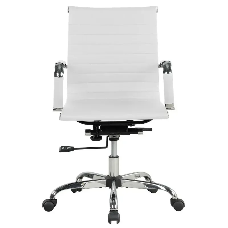 PU Leather Office Chair Com Altura Ajustável, Costas Com Nervuras, Branco