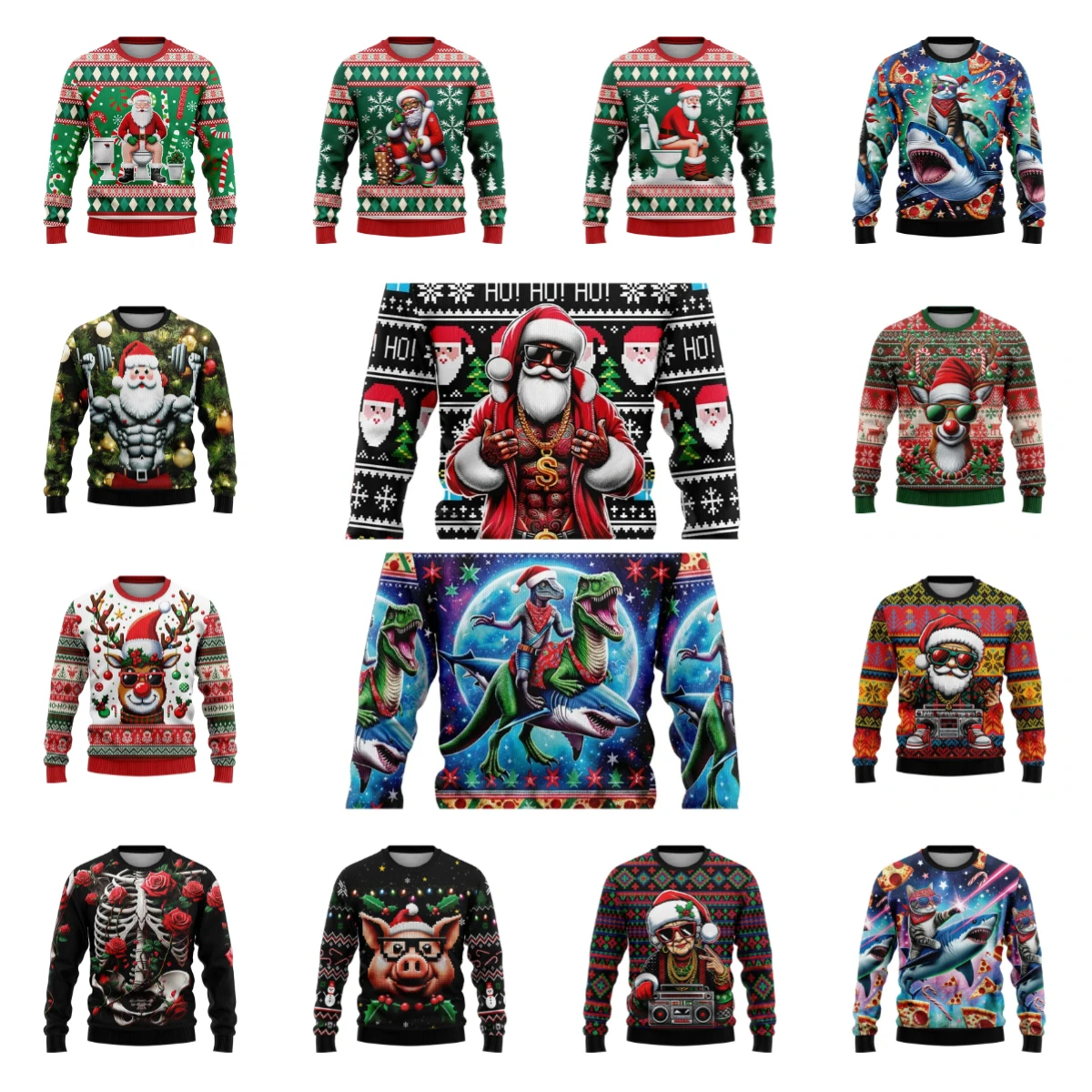 

2025 new polyester Christmas long-sleeved top funny Christmas characters humorous pattern men's and women's long-sleeved T-shirt