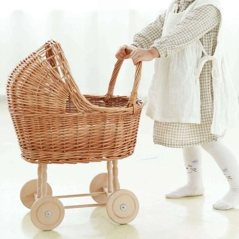 Ins Rattan Weave Stroller Toy Studio Photo Props Baby Doll Carriage Children\'s Room Decoration Play House Cart Pretend Play Toy